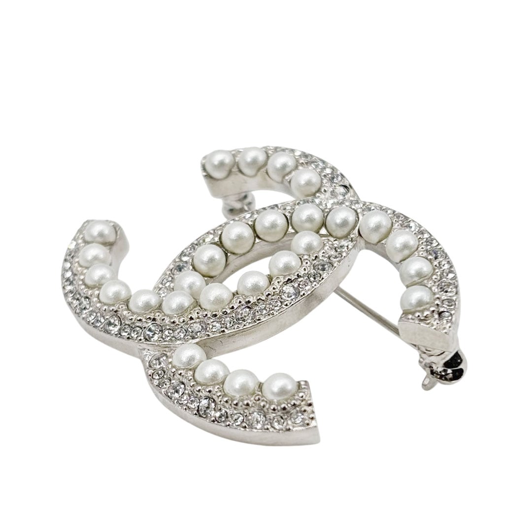 CHANEL シャネル ブローチ ココマーク フェイクパール/ラインストーン C19K シルバー