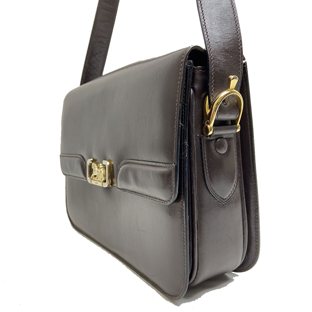 CELINE セリーヌ 馬車金具 ショルダーバッグ レザー ブラウン ヴィンテージ
