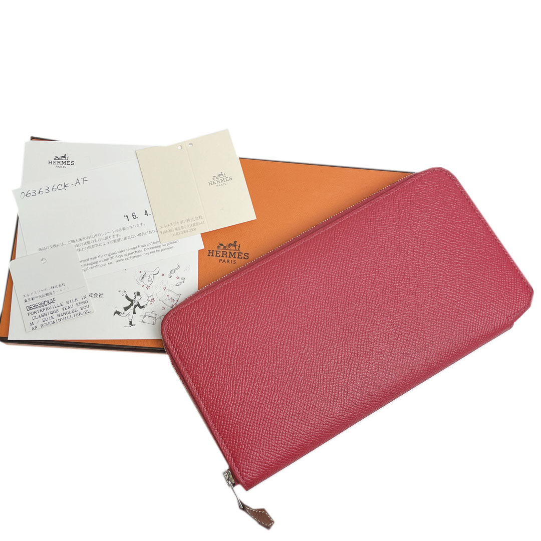 HERMES エルメス ラウンドファスナー 長財布 アザップロングシルクイン ブーゲンビリア（ピンク系） ヴォーエプソン X刻印（2016年頃製造）