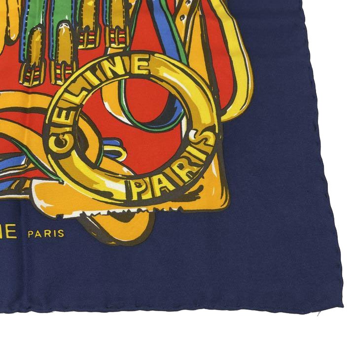 CELINE セリーヌ スカーフ 馬具柄 シルク ネイビー レッド ブルー グリーン イエロー