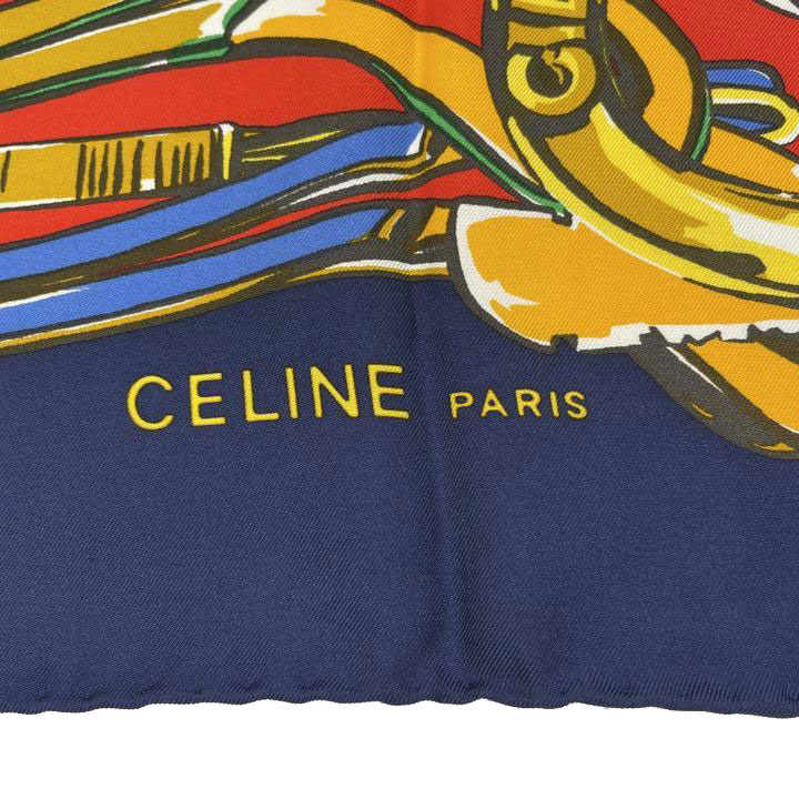 CELINE セリーヌ スカーフ 馬具柄 シルク ネイビー レッド ブルー グリーン イエロー