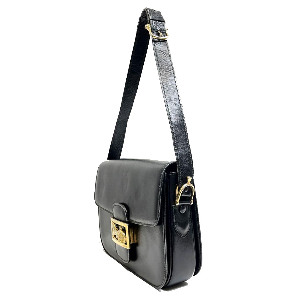 CELINE セリーヌ 馬車金具 ショルダーバッグ カーフレザー ブラック ヴィンテージ