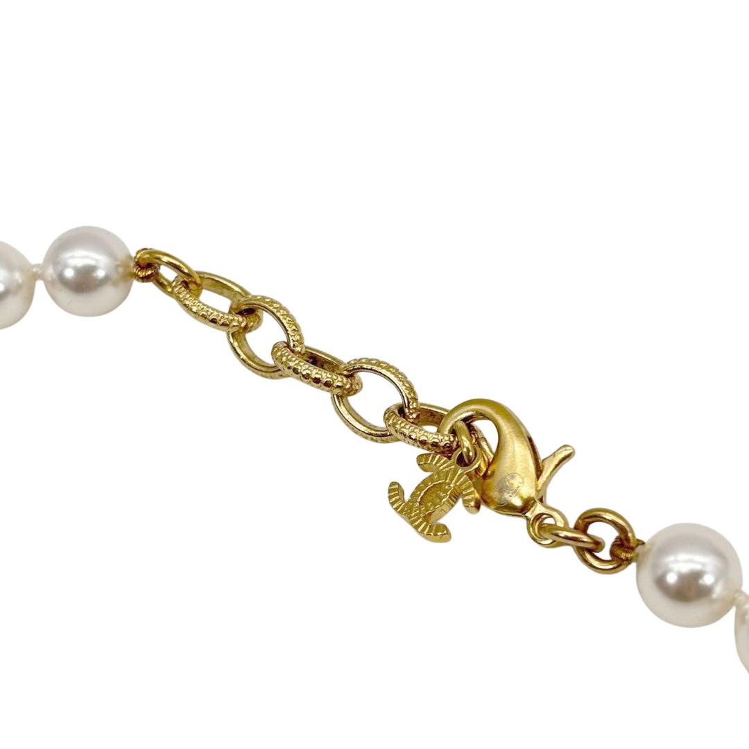 CHANEL シャネル ロングネックレス ココマーク A22A フェイクパール ラインストーン ホワイト/ゴールド金具