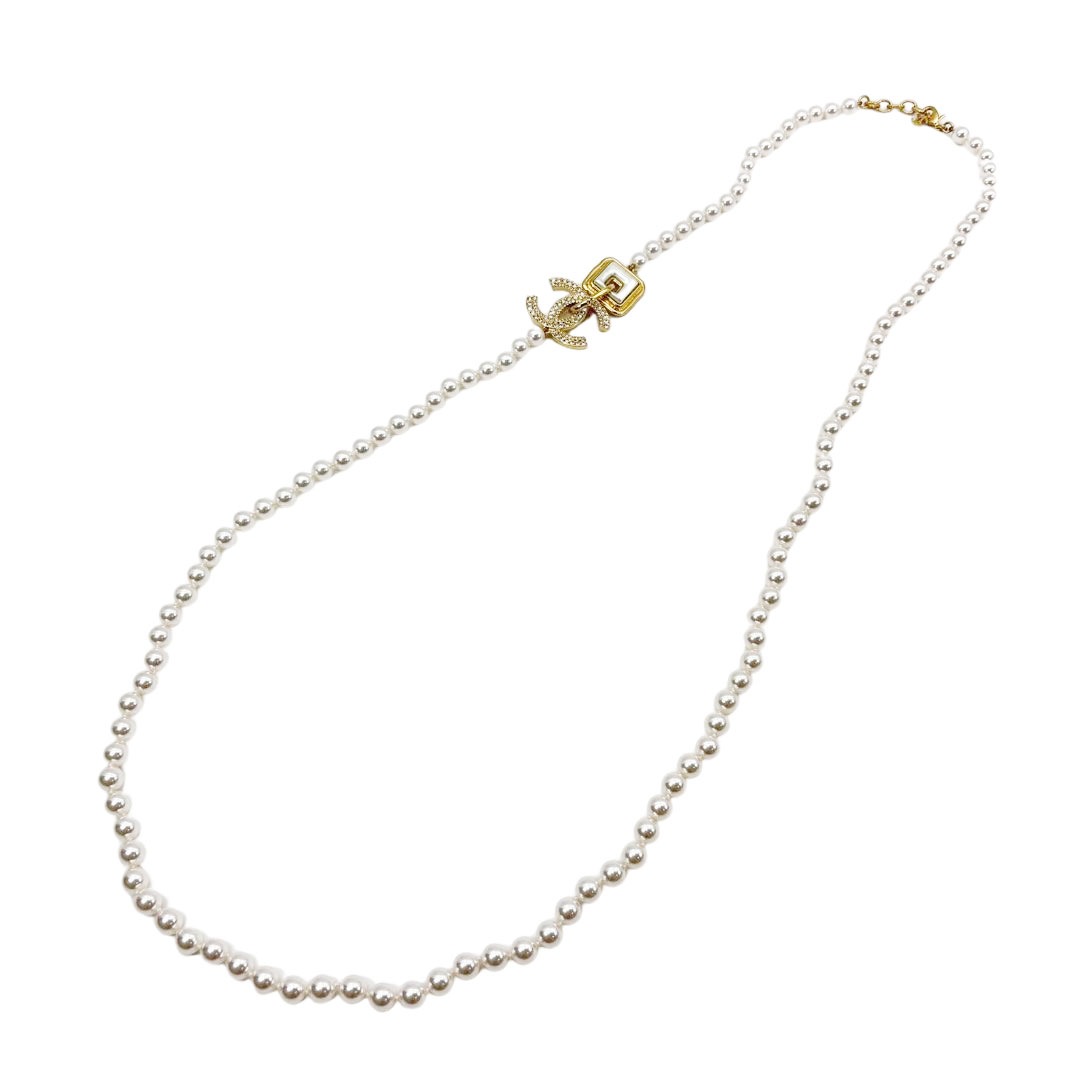 CHANEL シャネル ロングネックレス ココマーク A22A フェイクパール ラインストーン ホワイト/ゴールド金具