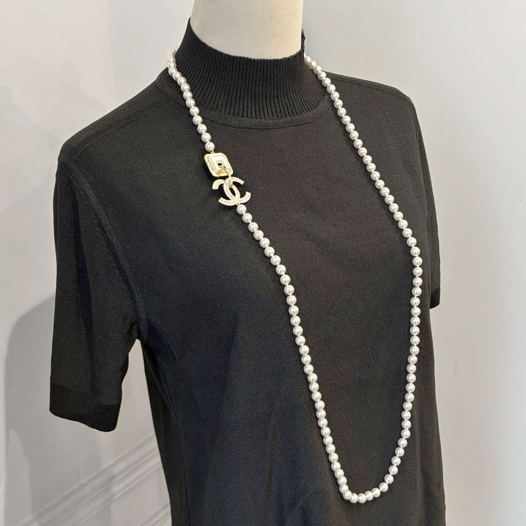 CHANEL シャネル ロングネックレス ココマーク A22A フェイクパール ラインストーン ホワイト/ゴールド金具