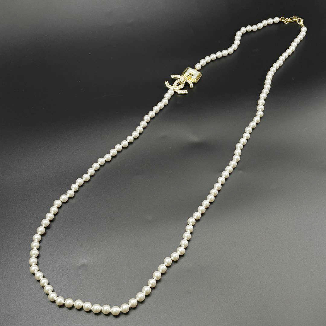 CHANEL シャネル ロングネックレス ココマーク A22A フェイクパール ラインストーン ホワイト/ゴールド金具