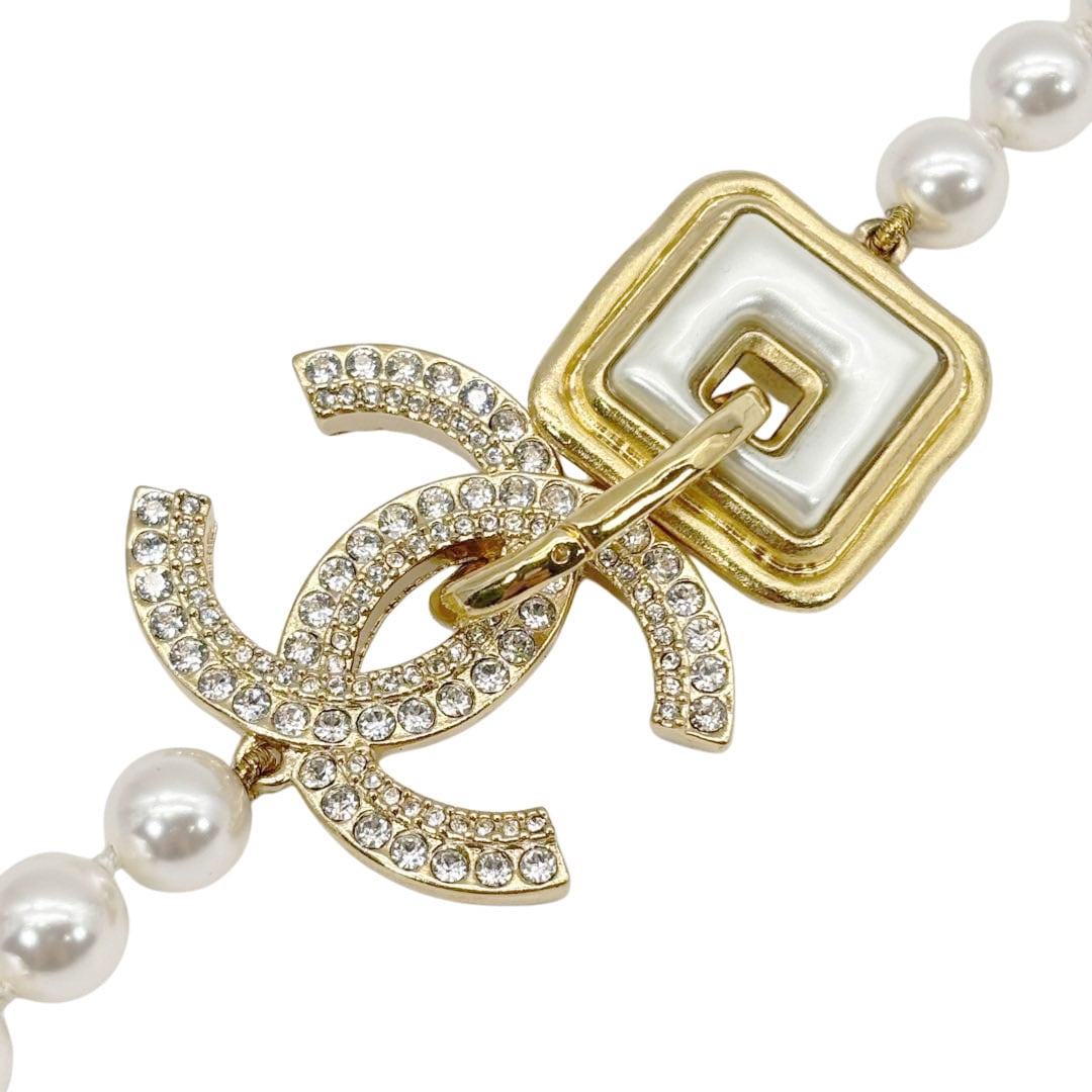 CHANEL シャネル ロングネックレス ココマーク A22A フェイクパール ラインストーン ホワイト/ゴールド金具