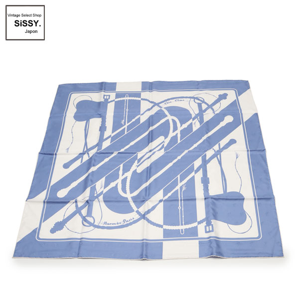 □エルメス□ スカーフ カレ90「clic clac」 シルク 水色 ホワイト