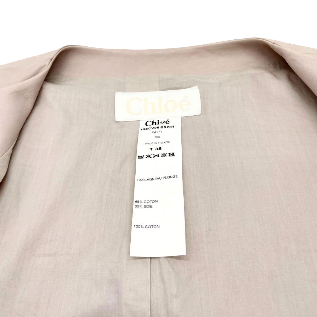 Chloe クロエ　ベージュ ラムレザージャケット Chloe クロエ ノーカラー レザージャケット ラム ピンクベージュ