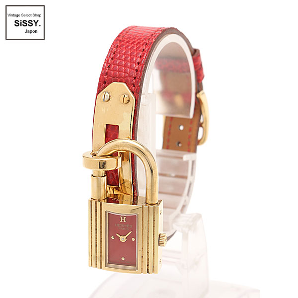 ■エルメス■ ケリーウォッチ 腕時計 レディース クオーツ GP リザード ゴールド 赤文字盤 〇Y刻印 【HERMES】