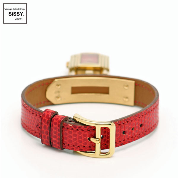 ■エルメス■ ケリーウォッチ 腕時計 レディース クオーツ GP リザード ゴールド 赤文字盤 〇Y刻印 【HERMES】