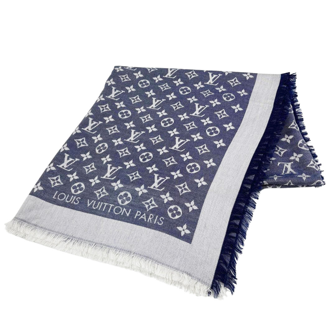LOUIS VUITTON ルイヴィトン ショール・モノグラム デニム ブルー シルク/ウール M71376