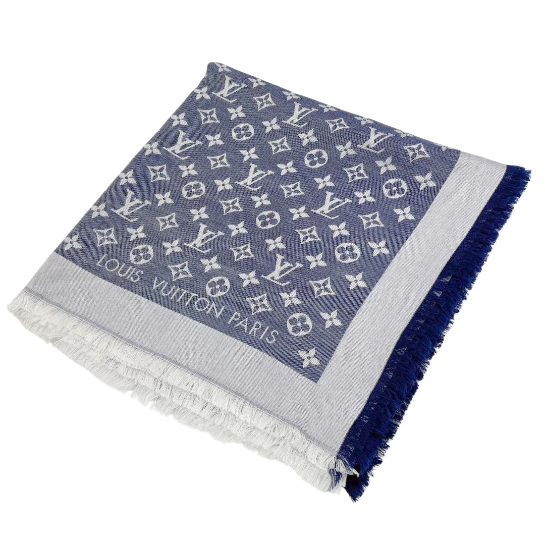 LOUIS VUITTON ルイヴィトン ショール・モノグラム デニム ブルー シルク/ウール M71376