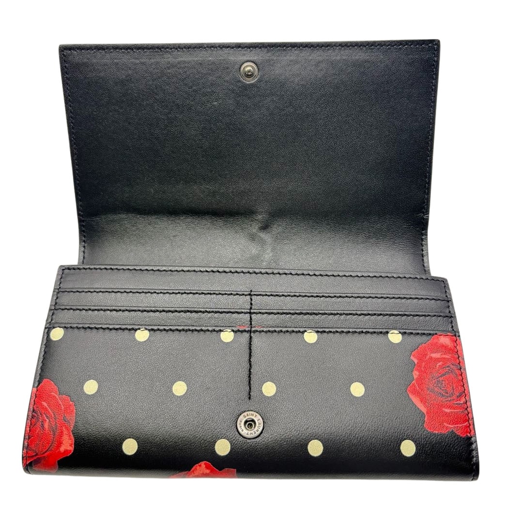 SAINT LAURENT PARIS サンローランパリ 二つ折り長財布 ドット×ローズプリント レザー ブラック/レッド/ホワイト