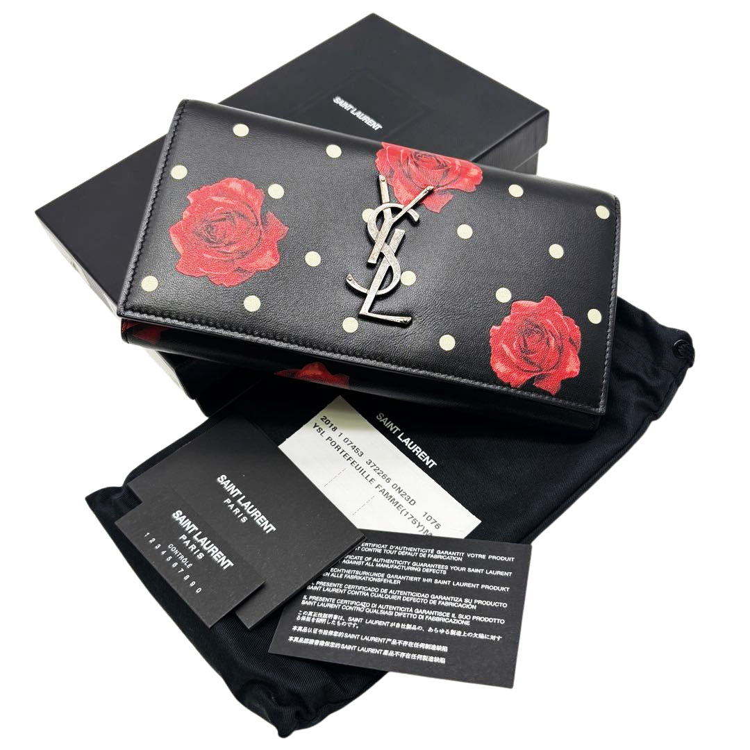 SAINT LAURENT PARIS サンローランパリ 二つ折り長財布 ドット×ローズ