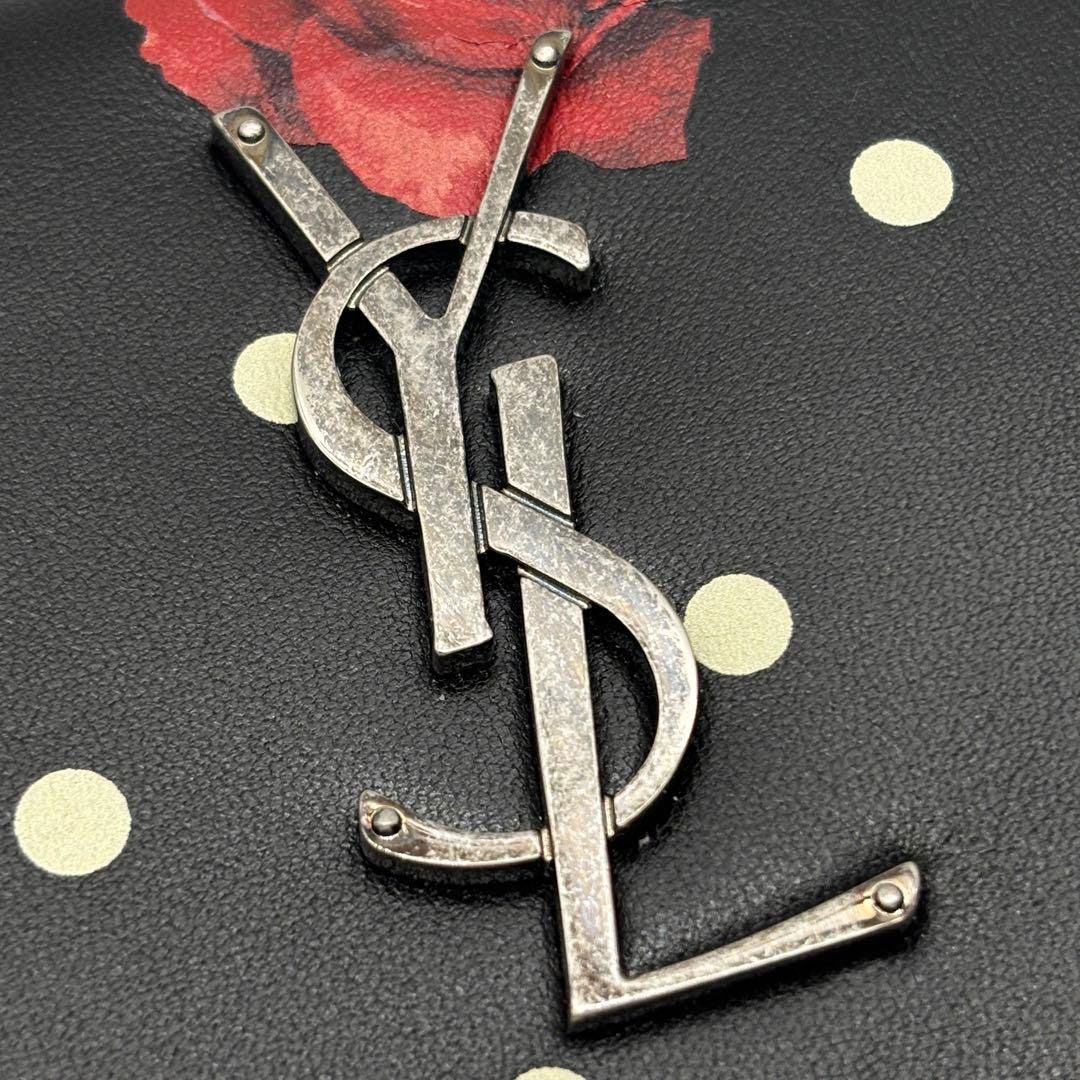 SAINT LAURENT PARIS サンローランパリ 二つ折り長財布 ドット×ローズプリント レザー ブラック/レッド/ホワイト