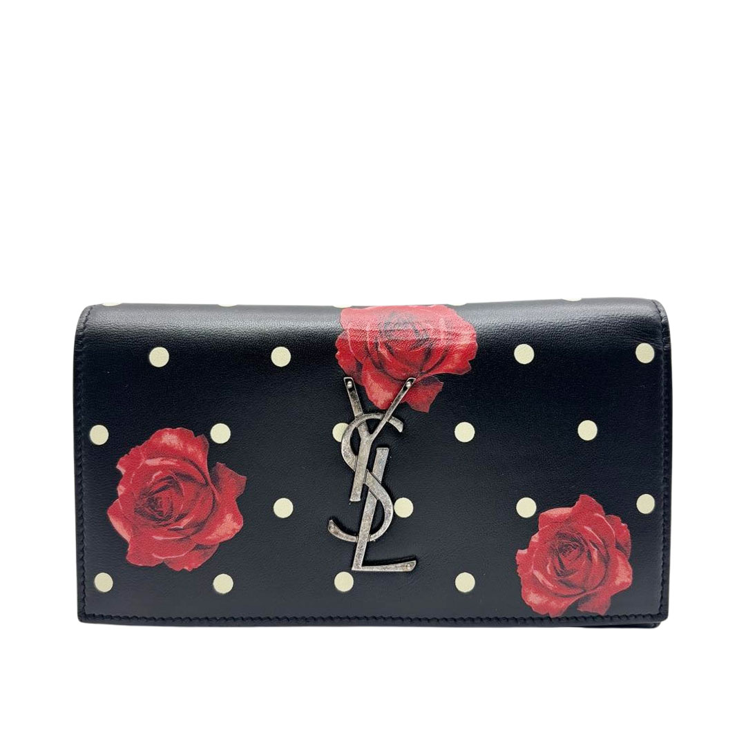 SAINT LAURENT PARIS サンローランパリ 二つ折り長財布 ドット×ローズプリント レザー ブラック/レッド/ホワイト