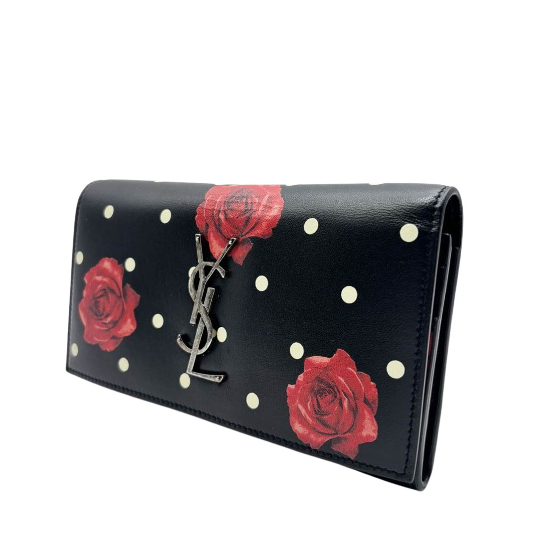 SAINT LAURENT PARIS サンローランパリ 二つ折り長財布 ドット×ローズプリント レザー ブラック/レッド/ホワイト