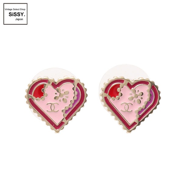 ■シャネル■ ハートピアス メタル ゴールド ピンク/レッド 05P【CHANEL】