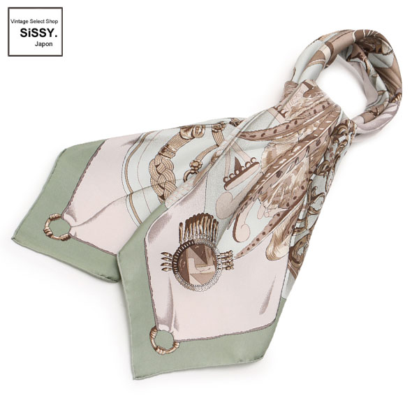 ■エルメス■ カレ90 スカーフ「Soleil de Soie」 シルク モスグリーン グレー 水色 【HERMES】