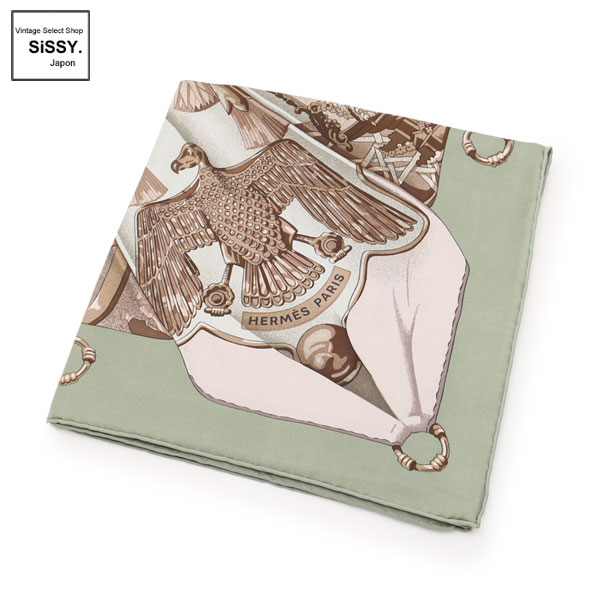 ■エルメス■ カレ90 スカーフ「Soleil de Soie」 シルク モスグリーン グレー 水色 【HERMES】