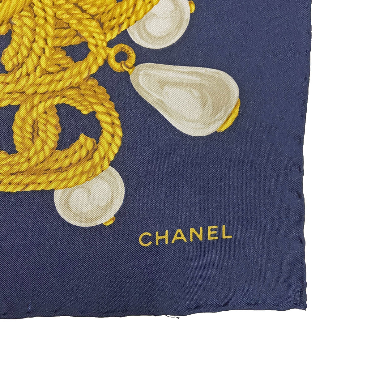□シャネル□ 大判スカーフ シルク チェーン パール柄 ゴールド