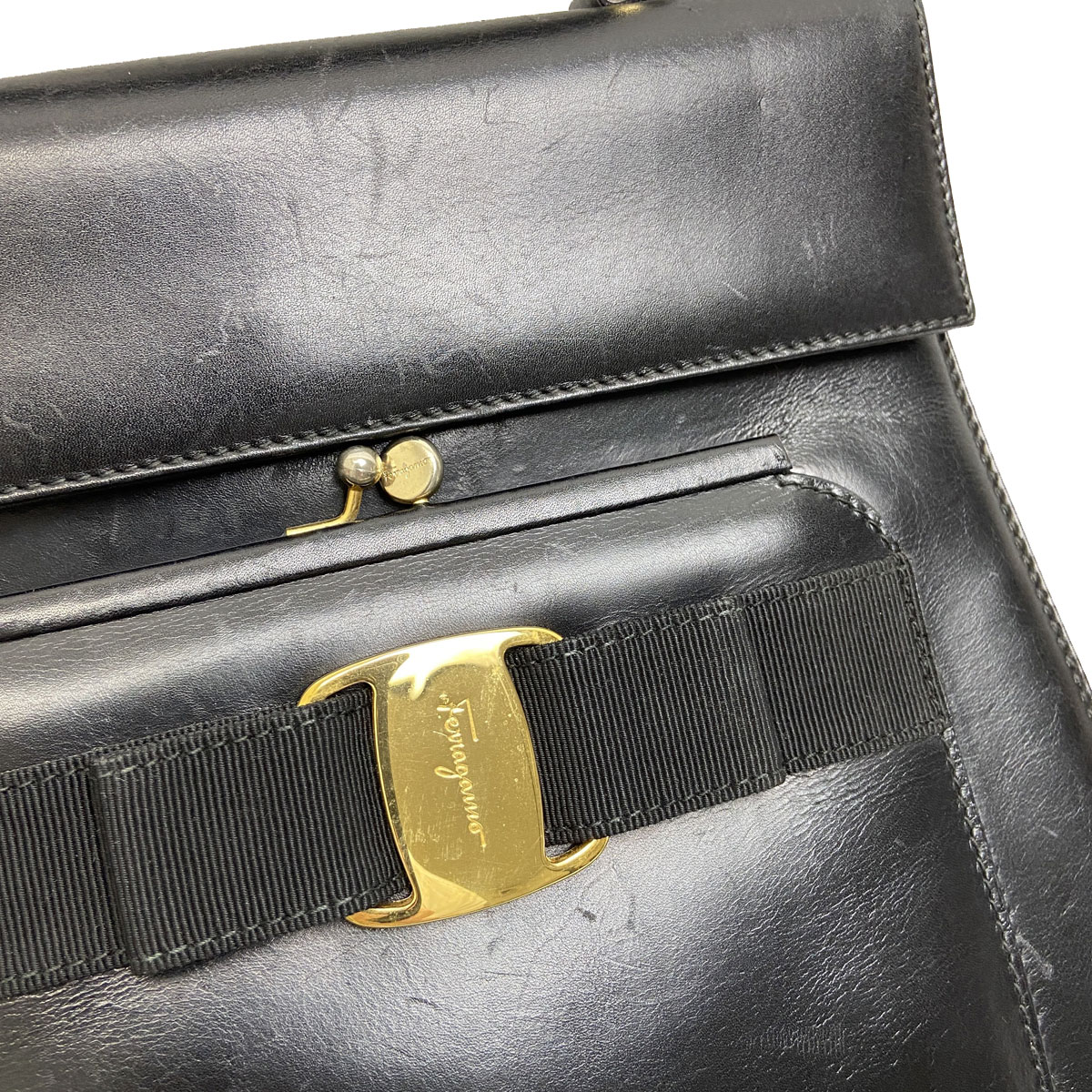 Salvatore Ferragamo サルヴァトーレ フェラガモ ヴァラ 2WAY ハンドバッグ ショルダーバッグ がま口 レザー ブラック ゴールド金具