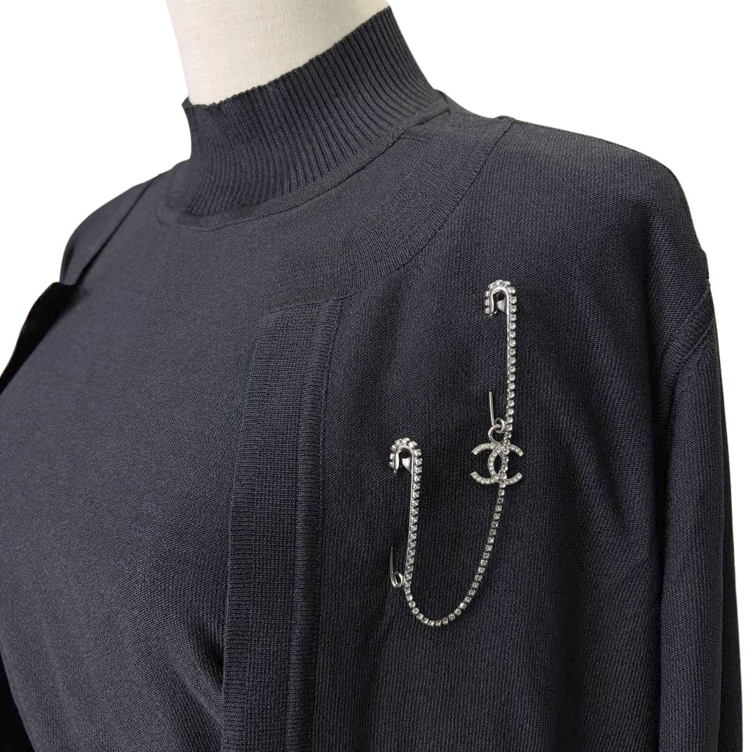 CHANEL シャネル ブローチ ダブル安全ピン ココマーク ラインストーン 01P シルバー