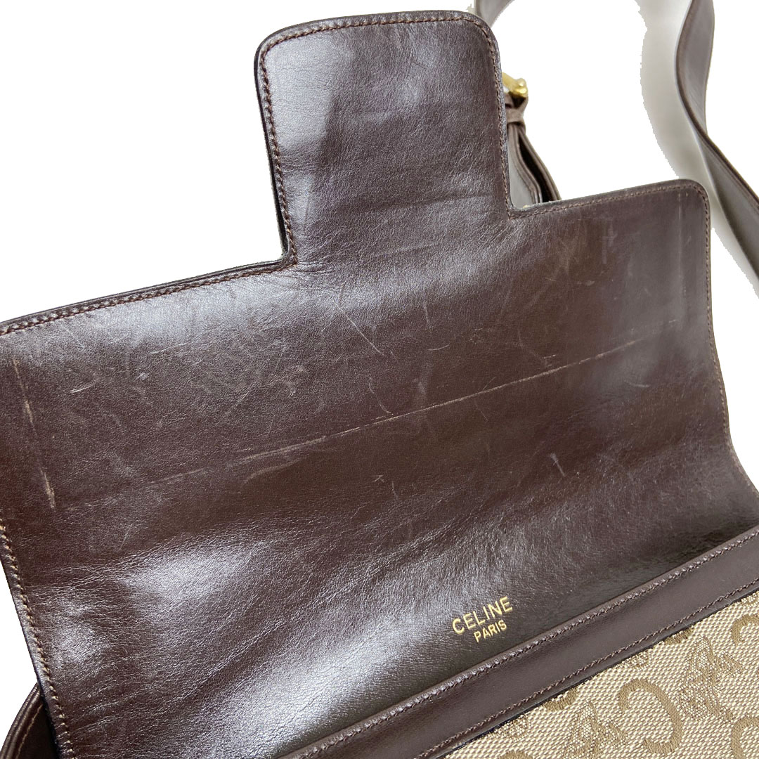 CELINE セリーヌ ショルダーバッグ 馬車金具 キャンバス レザー ブラウン カーキ系 ヴィンテージ