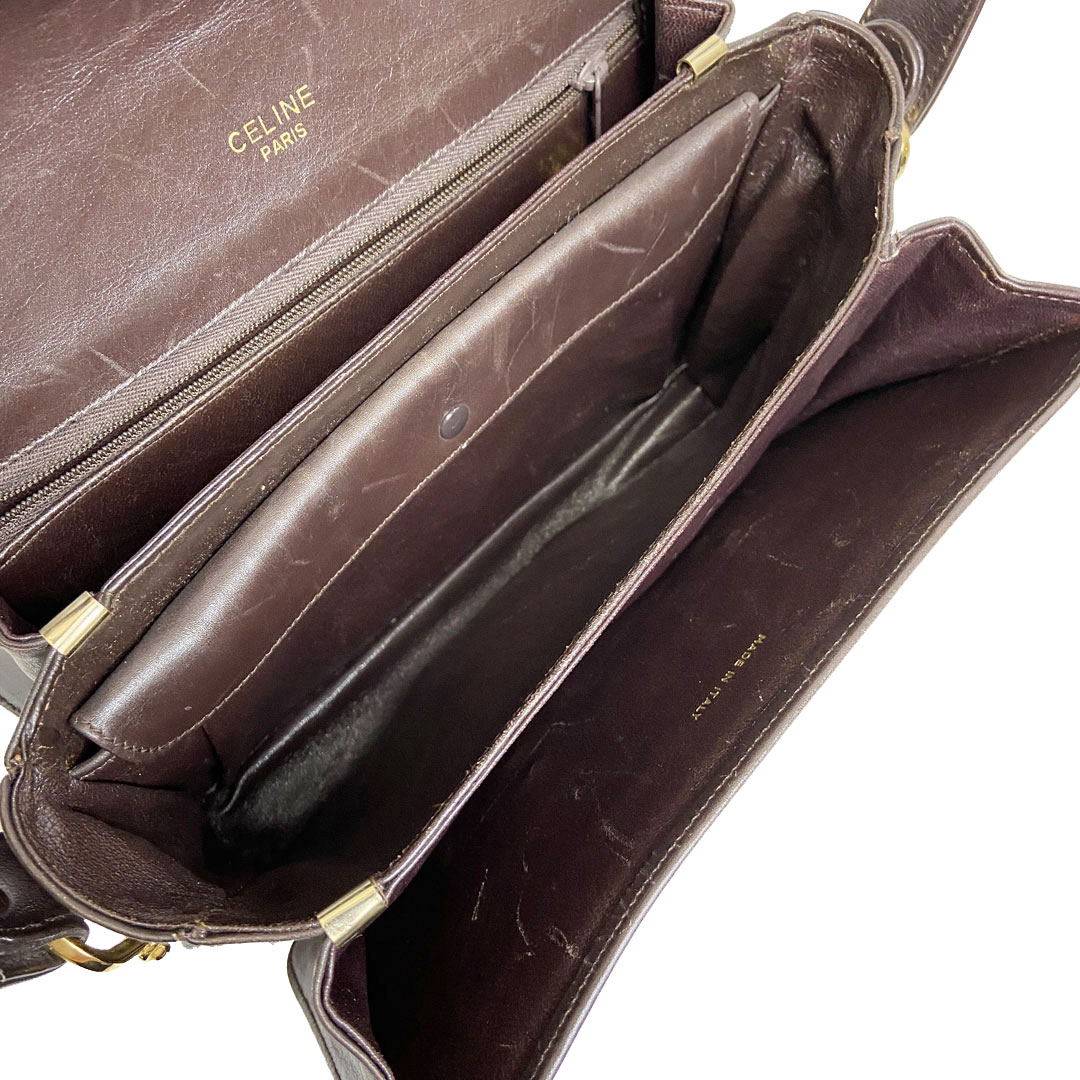 CELINE セリーヌ ショルダーバッグ 馬車金具 キャンバス レザー ブラウン カーキ系 ヴィンテージ