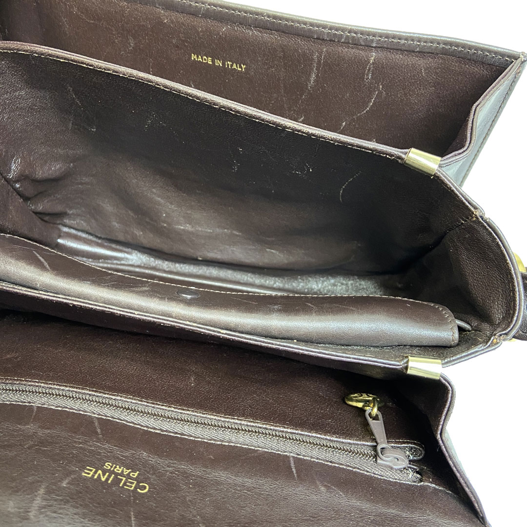 CELINE セリーヌ ショルダーバッグ 馬車金具 キャンバス レザー ブラウン カーキ系 ヴィンテージ