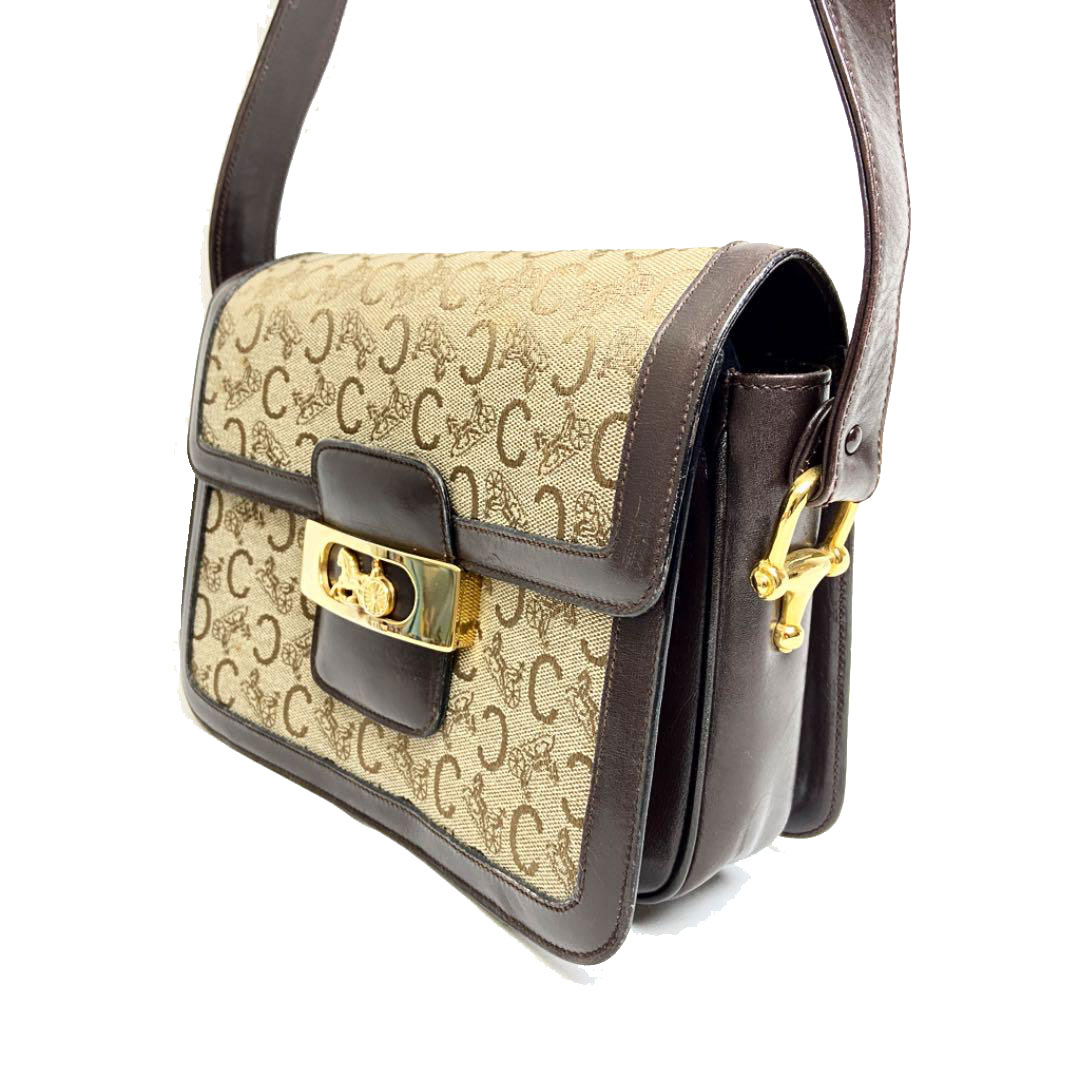 CELINE セリーヌ ショルダーバッグ 馬車金具 キャンバス レザー ブラウン カーキ系 ヴィンテージ