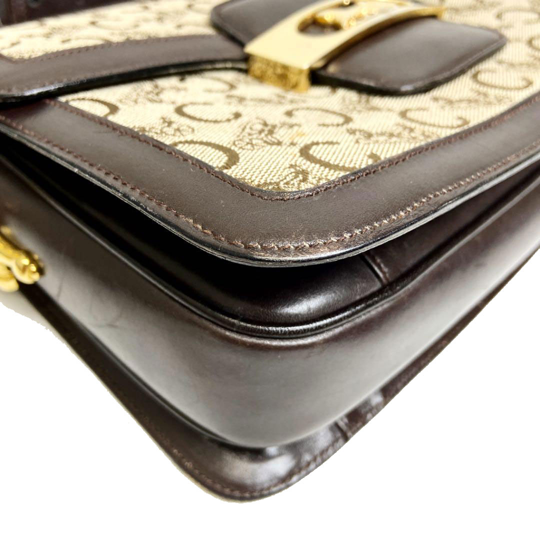 CELINE セリーヌ ショルダーバッグ 馬車金具 キャンバス レザー ブラウン カーキ系 ヴィンテージ