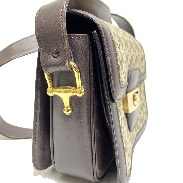 CELINE セリーヌ ショルダーバッグ 馬車金具 キャンバス レザー ブラウン カーキ系 ヴィンテージ