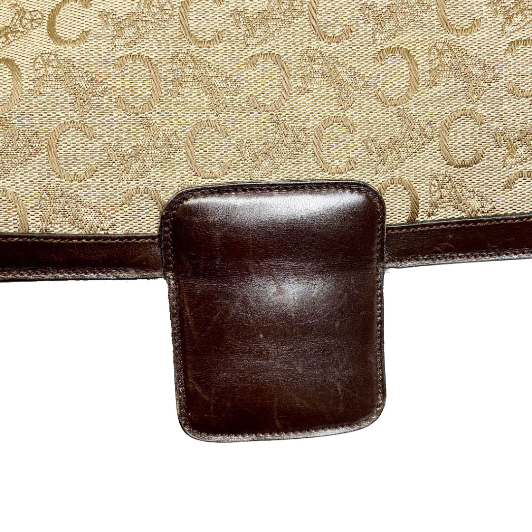 CELINE セリーヌ ショルダーバッグ 馬車金具 キャンバス レザー ブラウン カーキ系 ヴィンテージ