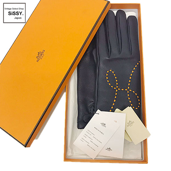 ■エルメス■ グローブ 手袋 リスボン ラムレザー/カシミア ブルーニュイ/アプリコット 7.5（21cm） 【HERMES】