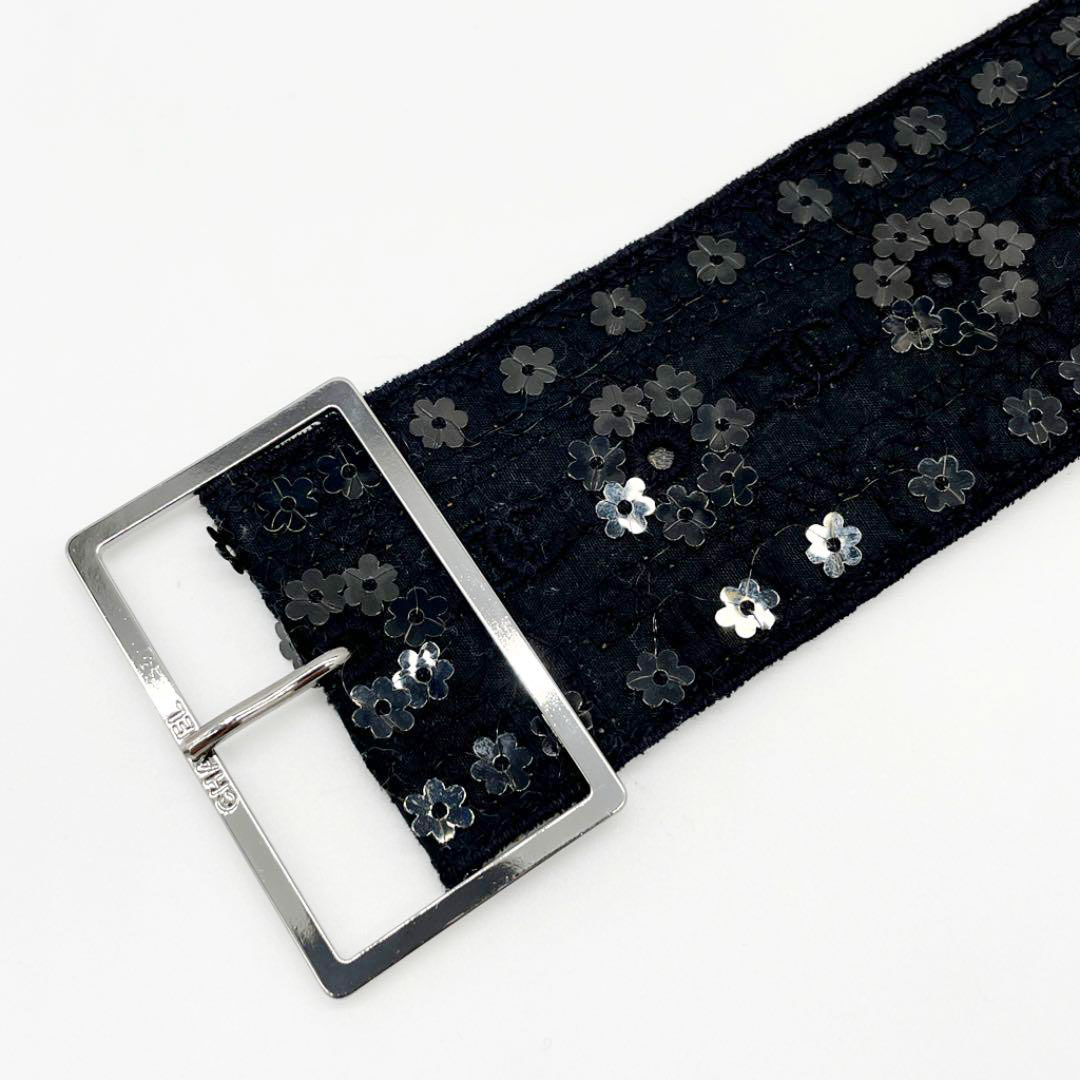 CHANEL シャネル ベルト 06P テキスタイル スパンコール 刺繍 レザー ブラック レディース