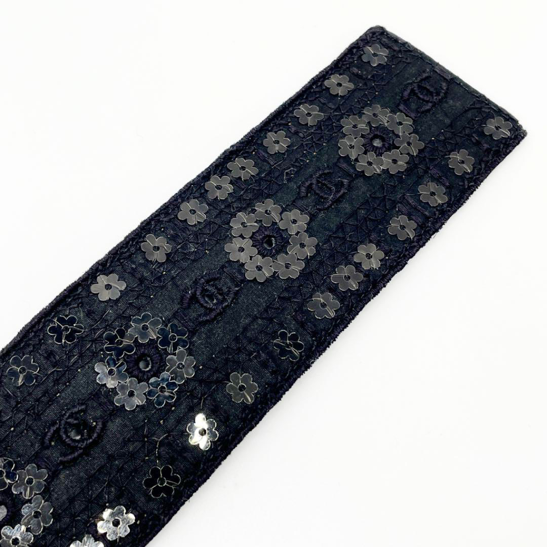 CHANEL シャネル ベルト 06P テキスタイル スパンコール 刺繍 レザー ブラック レディース