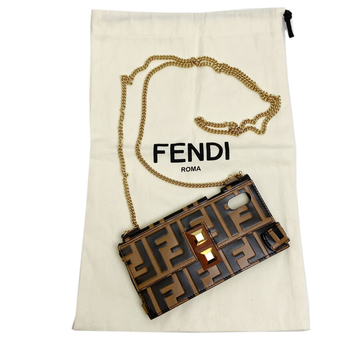 FENDI フェンディ iPhoneX チェーンショルダー スマホケース スマホカバー ズッカ ブラウン