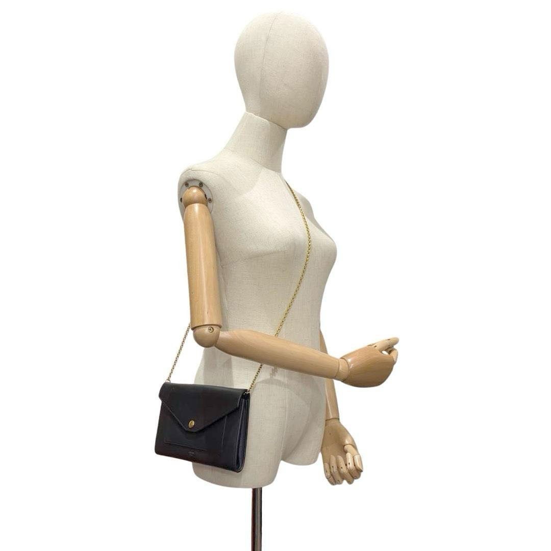 CELINE セリーヌ ポケット ラージ フラップ オン チェーンウォレット 財布 レザー ブラック/ゴールド金具