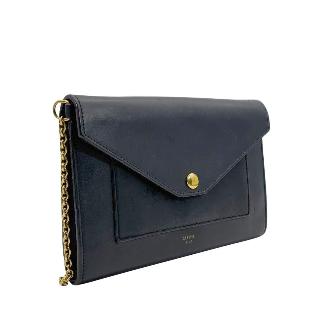 CELINE セリーヌ ポケット ラージ フラップ オン チェーンウォレット 財布 レザー ブラック/ゴールド金具