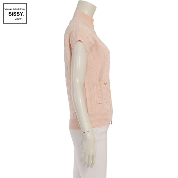 ■シャネル■ ノースリーブニット ジップアップ フェイクパール ライトピンク 38（S）【CHANEL】
