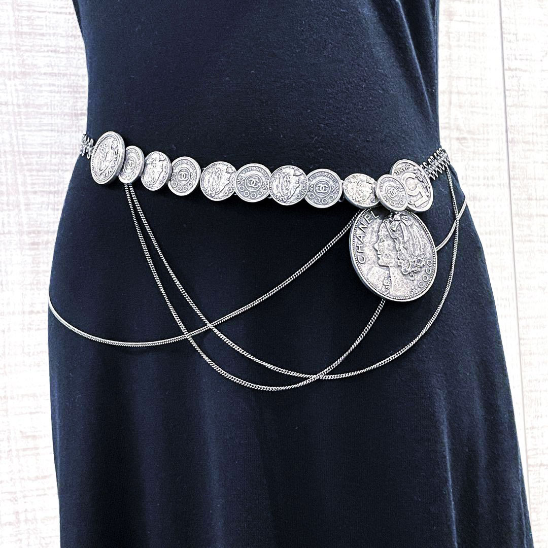 CHANEL シャネル ロングチェーンベルト メダリオン ココマーク マドモアゼル いぶしシルバー 03P