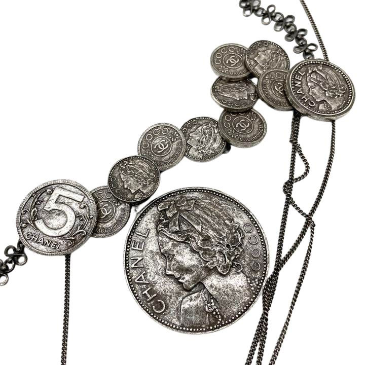 CHANEL シャネル ロングチェーンベルト メダリオン ココマーク マドモアゼル いぶしシルバー 03P