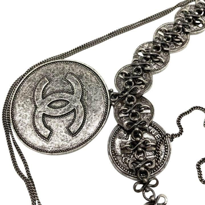 CHANEL シャネル ロングチェーンベルト メダリオン ココマーク マドモアゼル いぶしシルバー 03P