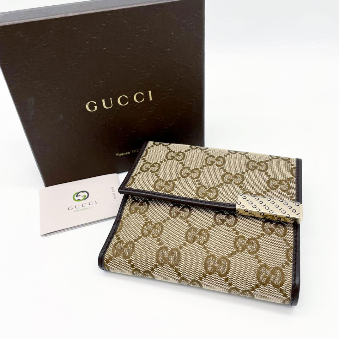 GUCCI グッチ Wホック 二つ折財布 GGキャンバス レザー プレート ベージュ ブラウン 257015