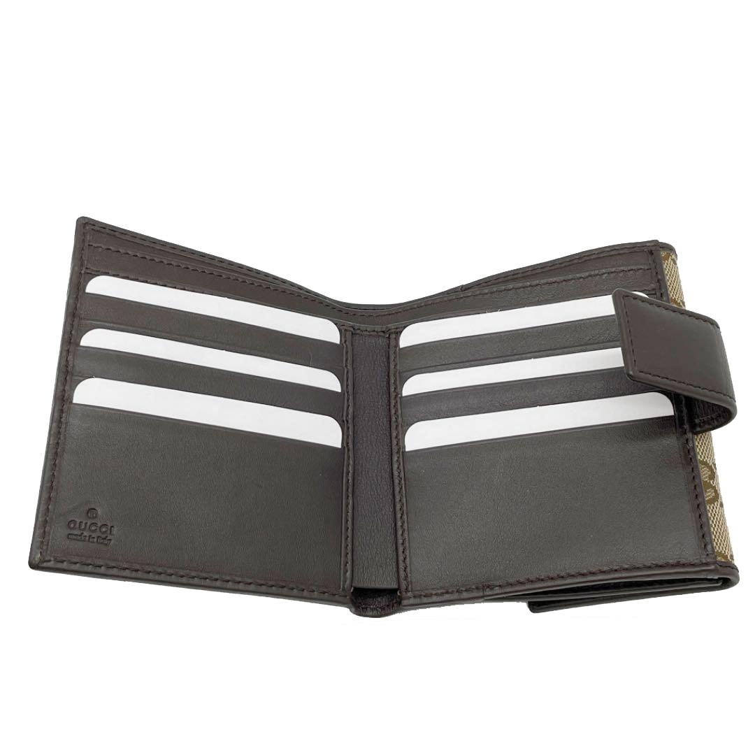 GUCCI グッチ Wホック 二つ折財布 GGキャンバス レザー プレート ベージュ ブラウン 257015