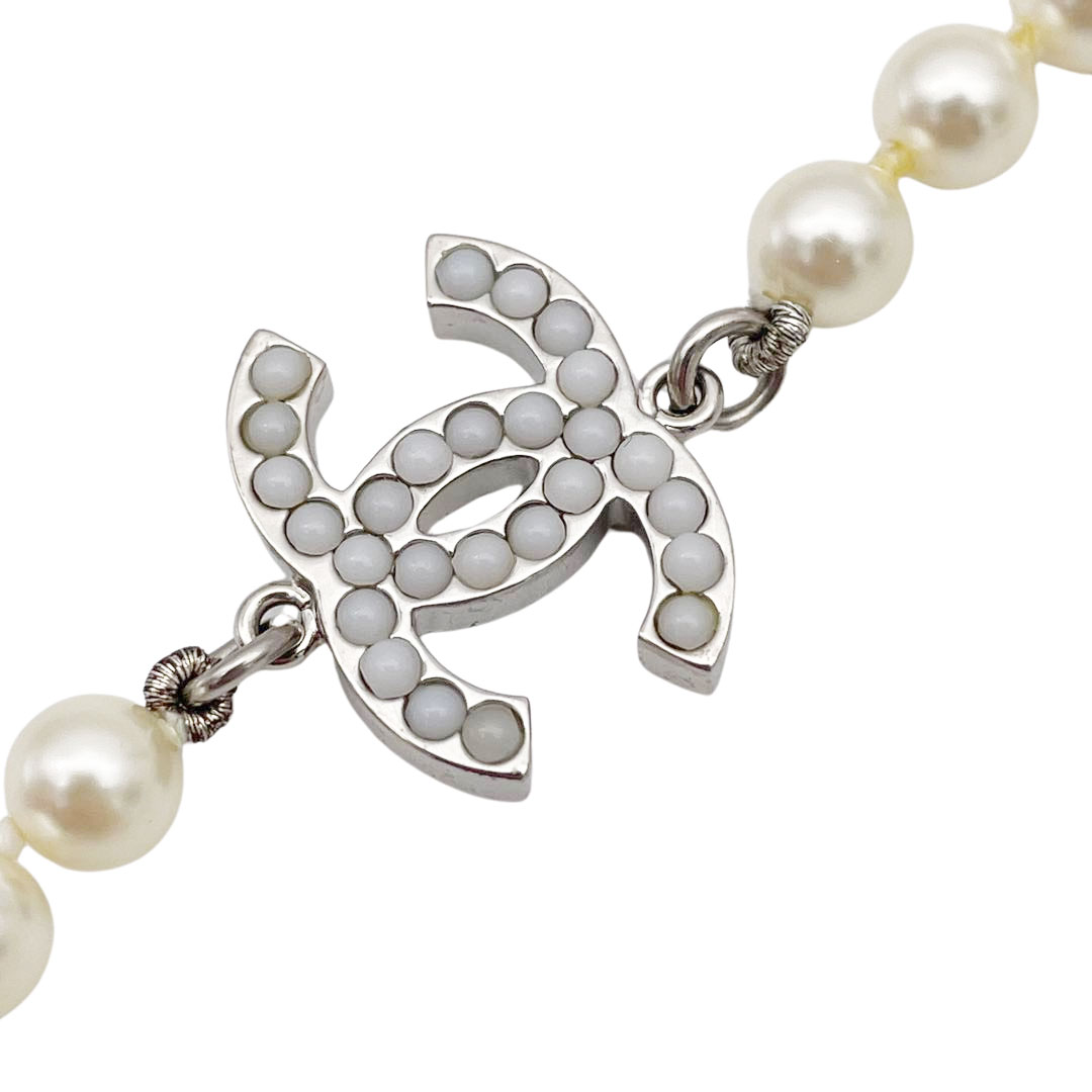 CHANEL シャネル ロングネックレス フェイクパール ココマーク シルバー 10V