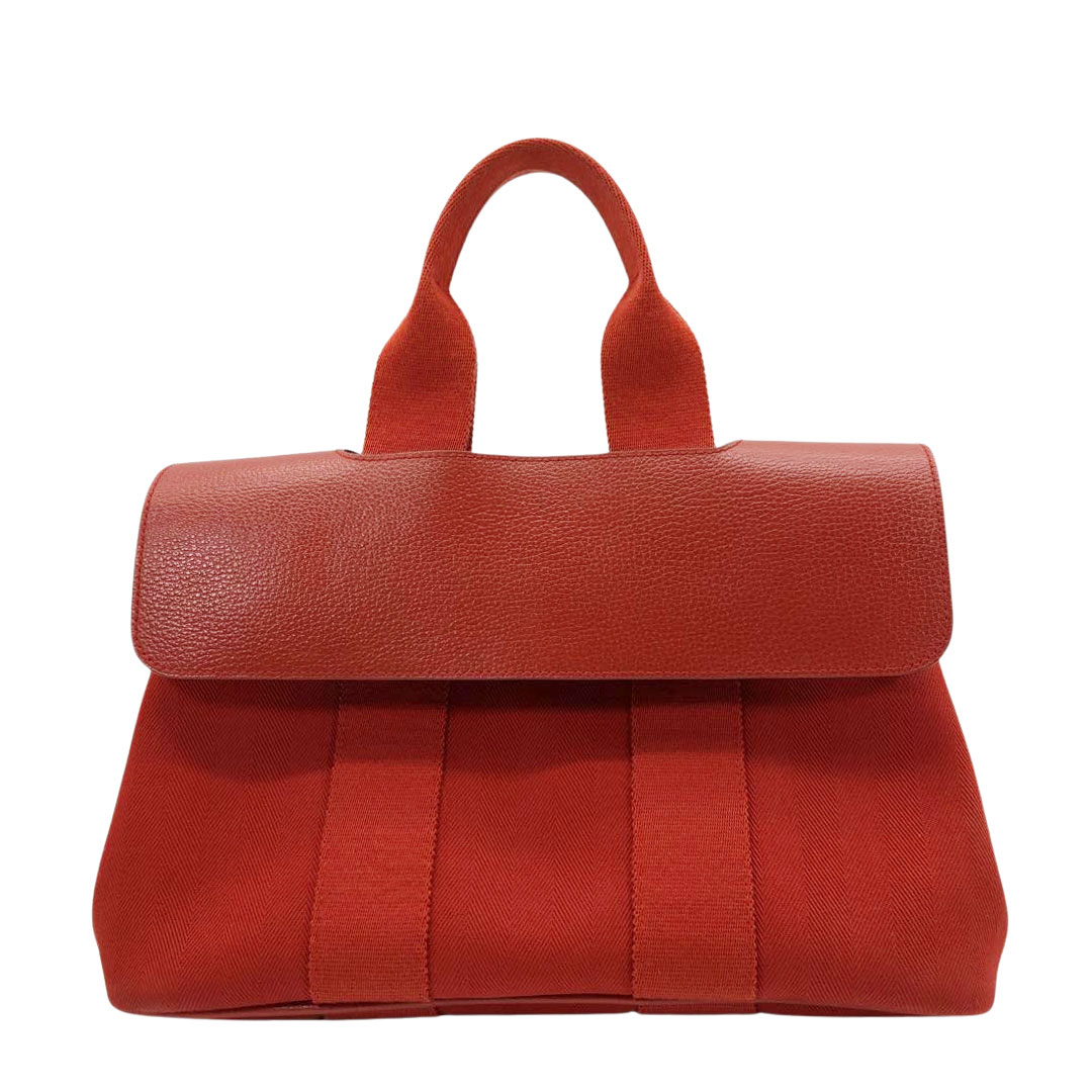 HERMES エルメス ハンドバッグ ヴァルパライソPM トワルシェブロン/レザー レッド □J刻印