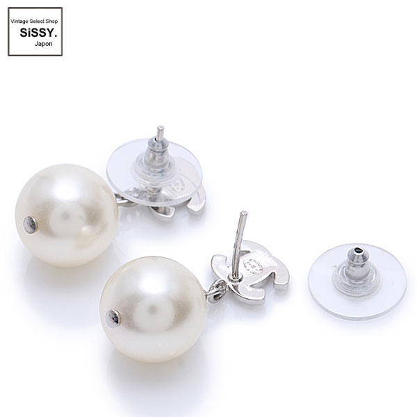 ■シャネル■ ピアス ココマーク ラインストーン フェイクパール ホワイト シルバー クリア B14V 【CHANEL】